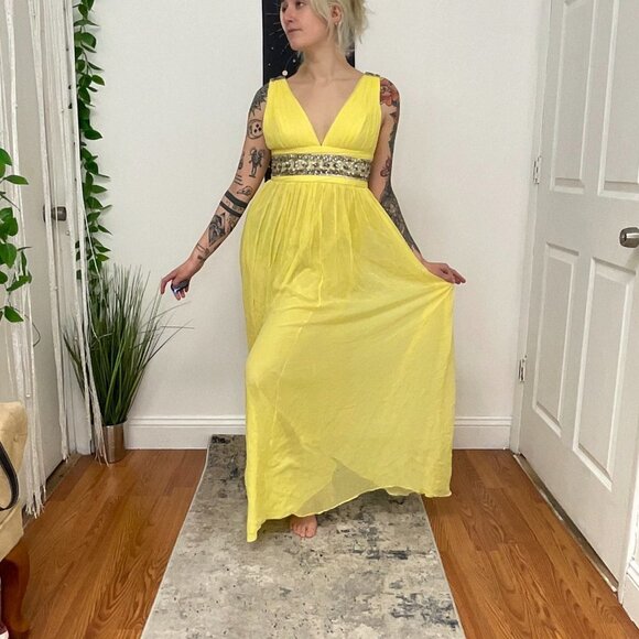 Marchesa Notte Sleeveless Fit & Flare Maxi Dress Beaded Waist Size 4 Yellow - Picture 3 of 13